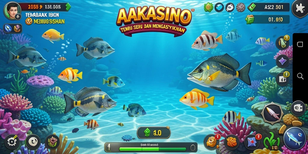 Tangkapan layar gameplay AAKASINO menampilkan pertempuran seru dengan ikan-ikan warna-warni.