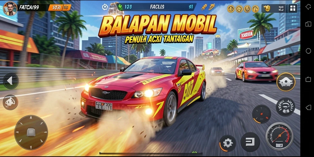 Tangkapan layar <strong>FATCAI99</strong> menunjukkan aksi balapan mendebarkan dan mobil yang keren.